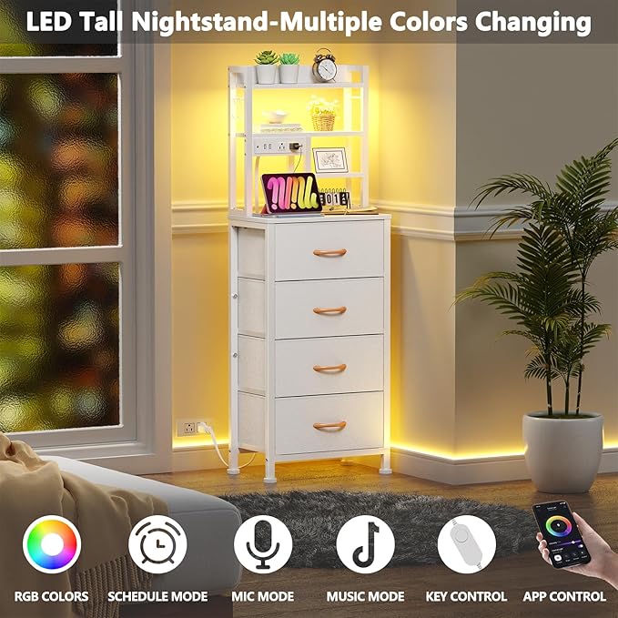 Furnulem Tall Night Stand, 52.1 Inch LED Nightstand with Charging Station and USB Ports, 4 PVC Fabric Drawers and 4 Tier Storage Shelf, Bedside Table for Bedroom, Dorm, Office (White)
