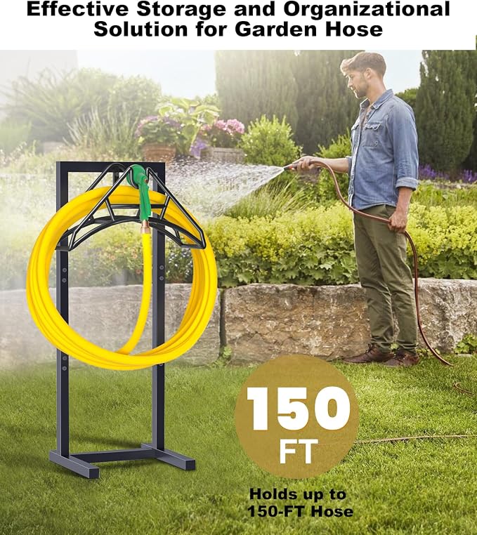 Artigarden Outdoor Garden Hose Holder Freestanding with 4 Spikes, Heavy Duty Metal Water Hose Reel Stand Hanger Rack Organizer Holds Storage 150ft Hose for Outside Yard Lawn, Black