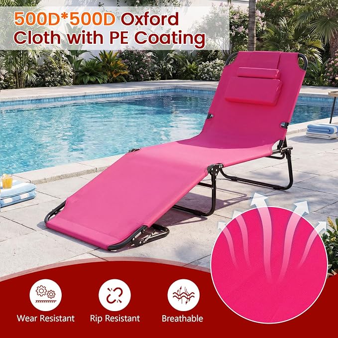 Giantex Tanning Chair, 350lbs Adjustable Patio Lounge Chair with Face Hole, Removable Pillows, Carry Strap, Folding, Outdoor Chaise Lounge for Layout Beach Poolside Lawn, Pink