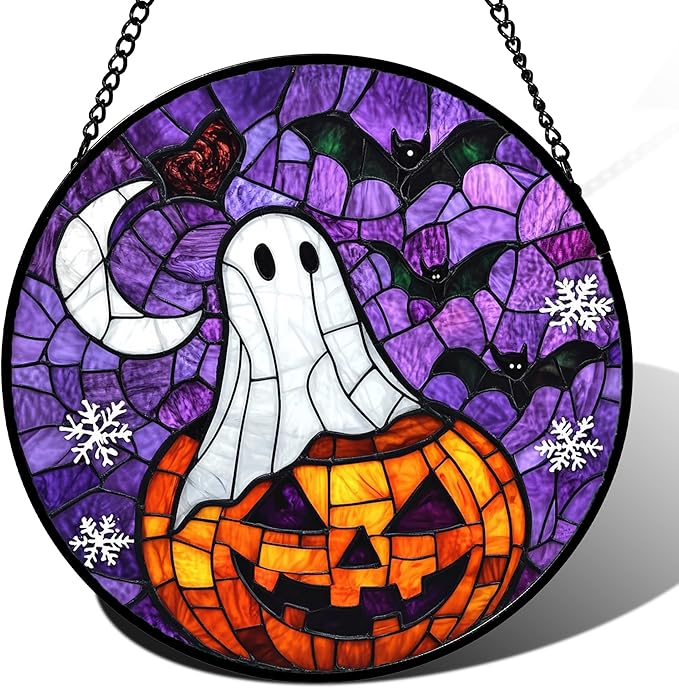 Stained Glass Window Hanging Halloween Horror Pumpkin 15" - Suncatcher Door Garden Sunroom Gothic Style Ghost Bat Sun Catcher Birthday for Friend Mom Men Woman Nana