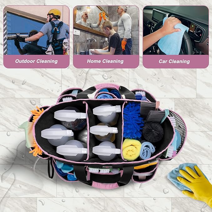 LoDrid Cleaning Caddy Bag with Handle and Shoulder Strap, Cleaning Supplies Organizer for Cleaning Work with 3 Compartments and Multifunctional Pockets, Black with Pink Edge