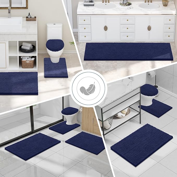Smiry Luxury Chenille Bathroom Rugs 50x30, Extra Soft and Absorbent Shaggy Bath Mat, Machine Washable, Non-Slip Plush Carpet Runner for Tub, Shower, and Floor, Home Decor Accessories, Navy Blue