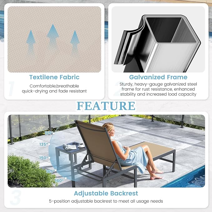 UDPATIO Chaise Lounge Chair Patio Pool Lounge Chair Outdoor with 5 Position Adjustable Backrest Poolside Sunloungers Lay Flat Sunbathing Chaise with Backrest for Patio, Beach, Yard, Pool(Brown)