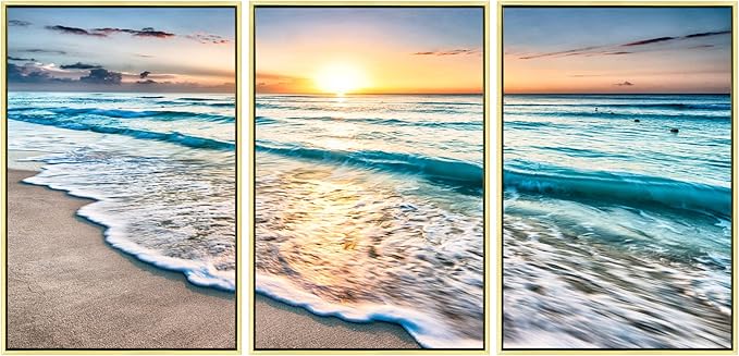 Wieco Art Framed Wall Art 3 Panels Blue Beach Canvas Art