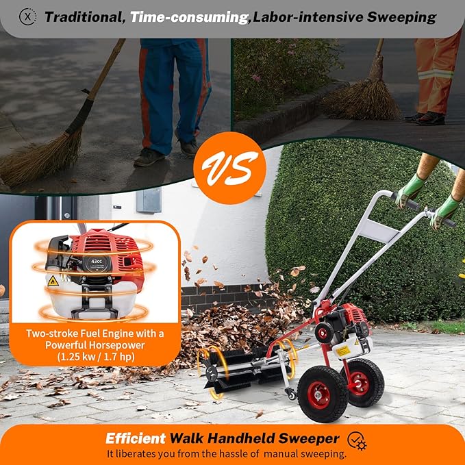MuChaIOAK Gas Handheld Sweeper, Portable Artificial Grass Brush Power Broom, Hand-Push Walk Behind Snow Sweeper Cleaning Driveway Turf Grass for Farms Streets Driveways (43CC)