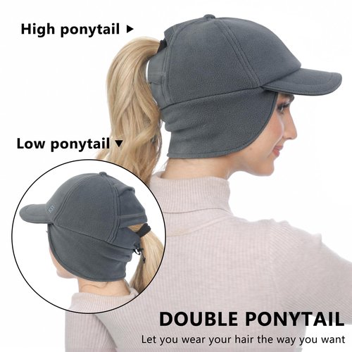 GADIEMKENSD Fleece Winter Hats for Women Reflective Ponytail Hat with Ear Flap Drop Down Ear Warmer Visor Beanie Double Ponytails Hole Baseball Cap for Running Skiing Hiking Dark Grey