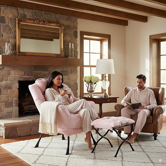 LITA Lazy Chair with Ottoman, Modern Accent Leisure Upholstered Sofa, Contemporary Lounge Reading Chair with Armrests and a Side Pocket for Living Room, Bedroom & Small Space, Pink