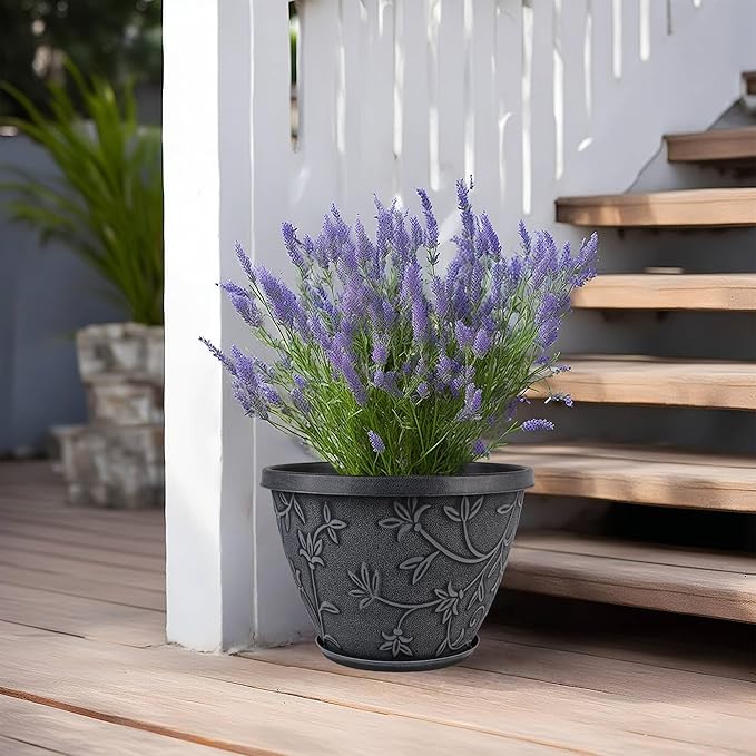 Nooulap 4 Pack 12 Inch Plant Pots for Outdoor Indoor, Plastic Flower Pots with Drainage Hole & Saucer, Modern Decorative Large Garden Pot, Imitation Magnolia Pots for Garden House Planters（Gray）