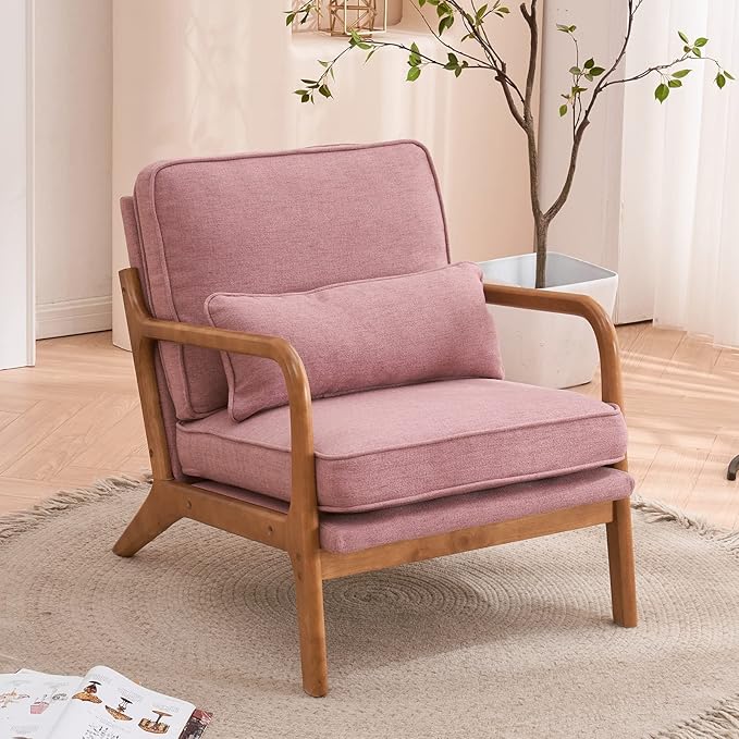 Bonnlo Pink Accent Chairs Set of 2, Upholstered Mid Century Modern Lounge Chairs Reading Chairs Side Sitting Chair Solid Wood Farmhouse Armchairs for Living Room, Bedroom, Guest Room