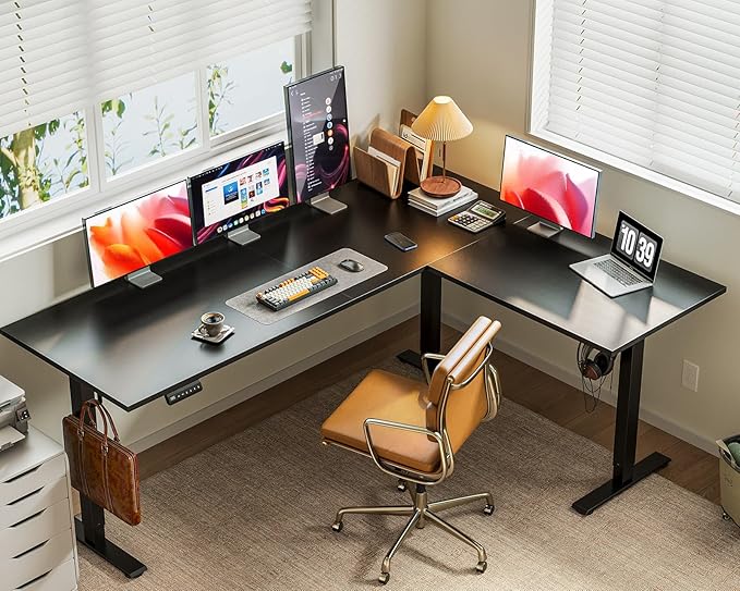 Casaottima 71 Inch Reversible Electric L Shaped Standing Desk, Height Adjustable Corner Stand up Desk, Ergonomic Large Lift Table for Home, Office, Workstation, Reception Room, Black