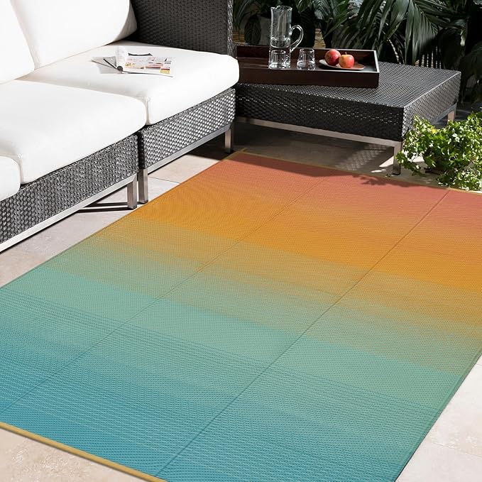 Anidaroel Ombre Camping Rug for Outside RV, 8x10ft Waterproof Outdoor Rug for Patio Clearance, Reversible Plastic Straw Outside Area Rug for Deck, Camper, Picnic, Beach(Orange&Blue, 8'x10')