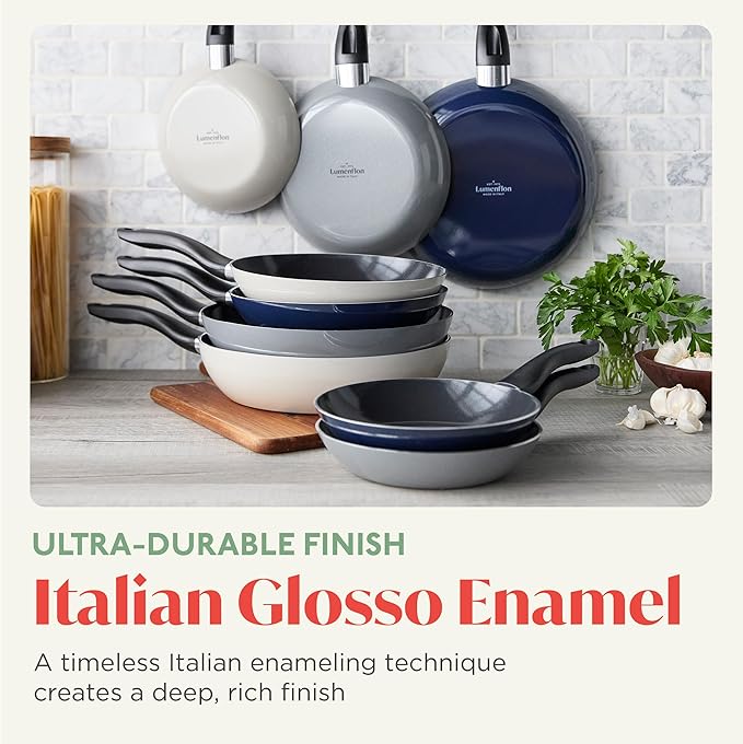 Deco 9.5” Nonstick Frying Pan Skillet, Made in Italy, Diamond Ceramic PFAS-Free, Dishwasher & Metal Utensil Safe, Durable Gloss Enamel Finish, Stay-Cool Handle, High Walls-Extra Room, Blue