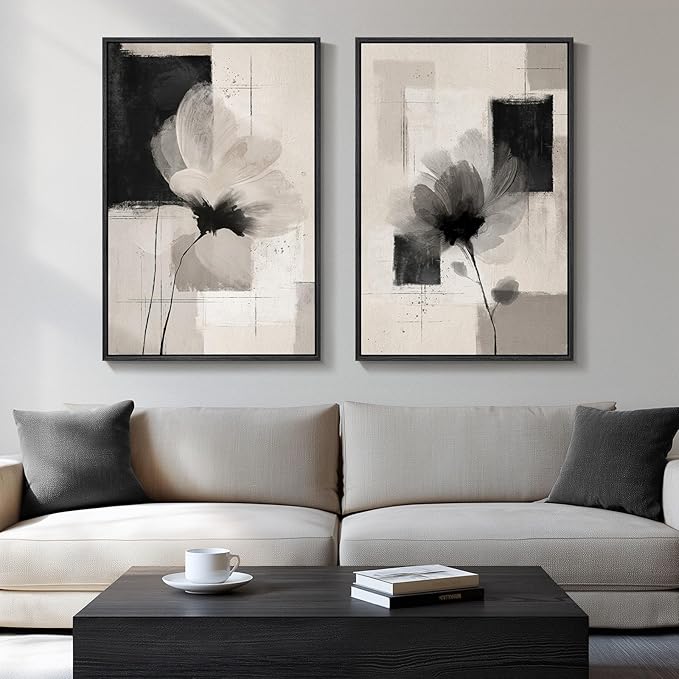 Large Framed Neutral Abstract Floral Wall Art, Minimalist Pictures