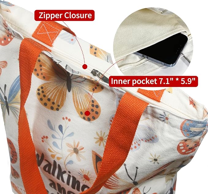 itgowisa Canvas Tote Bag for Women, Tote Bag with Zipper Inner Pocket, Zippered Canvas Bag for Shopping Work Grocery Everyday