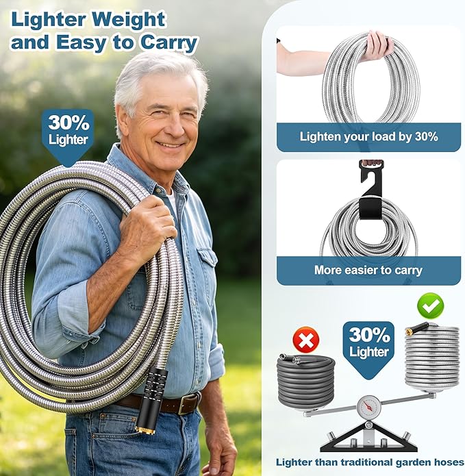 Garden Hose Metal 100FT, Stainless Steel Heavy Duty Water Hose With 10 Function Nozzle, No-Kink, Tough & Flexible, Sturdy and Lightweight, Rust Proof for Yard, Outdoor, RV