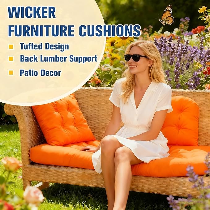 Patio Furniture Cushions Outdoor, Waterproof Wicker Chair Cushions Set of 3, 1 Loveseat & 2 Seat Pads, Thick Outdoor Replacement Cushions for Porch Lawn Bench Couch Sofa Swing, Orange