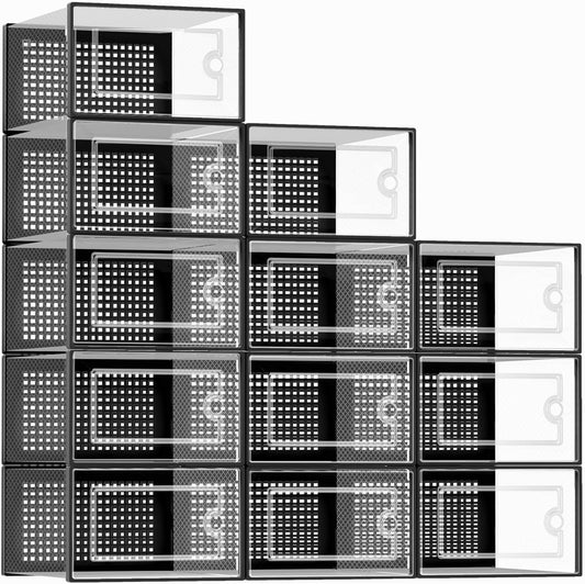 Kuject Large Shoe Organizers Storage Boxes for Closet, 12 Pack Clear Plastic Stackable Storage Bins with Lids, Under Bed Shoe Containers for Entryway, Drop Front, Fit up to Women's Size 10,Black