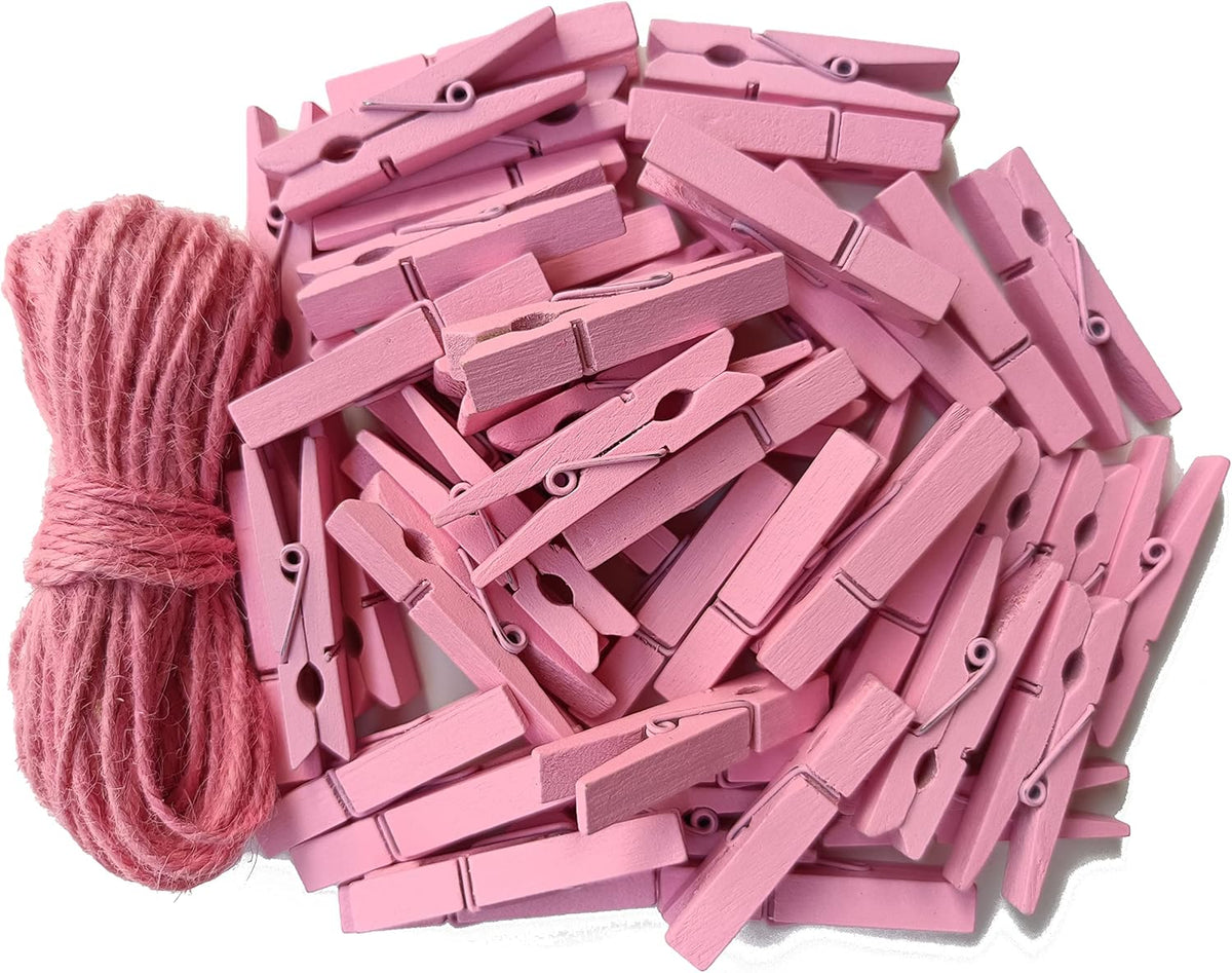 1.9" Pink Wooden Clothes Pins DIY Photo Garland Baby Shower Bag Clips Decorative Clothespins with Jute Twine Pack 50