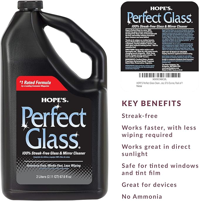 HOPE'S Perfect Glass Cleaner Spray Refill, Streak-Free, Ammonia-Free Window, Mirror, Screen, Tinted Glass, and Shower Door Cleaner, Indoor and Outdoor Glass Surfaces, 67.6 Ounce, Pack of 6