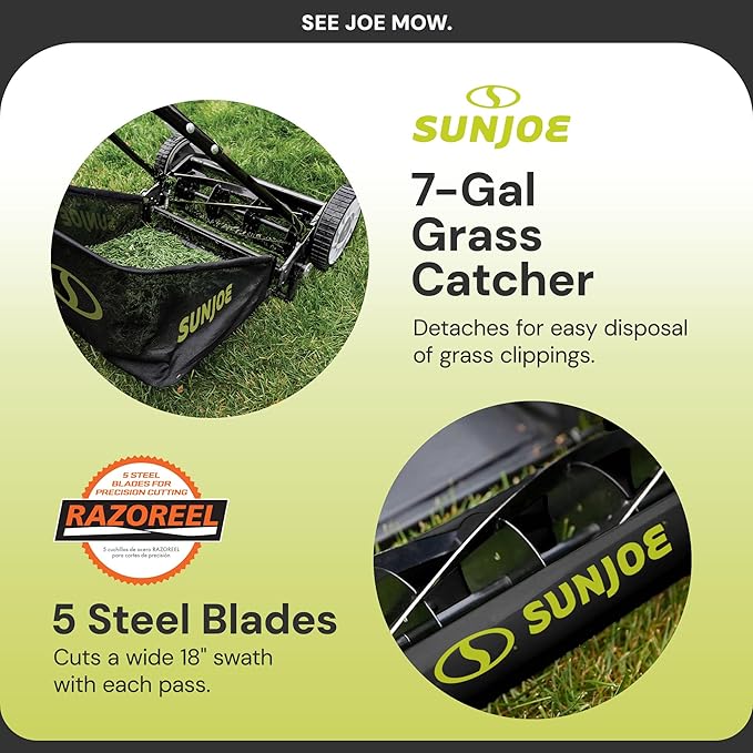 Sun Joe MJ501M w/ 7-Gallon Detachable Grass Catcher, 9-Position Height Adjustment, 5 Steel Blades, Compact Design, 18-Inch Manual, Green/Black