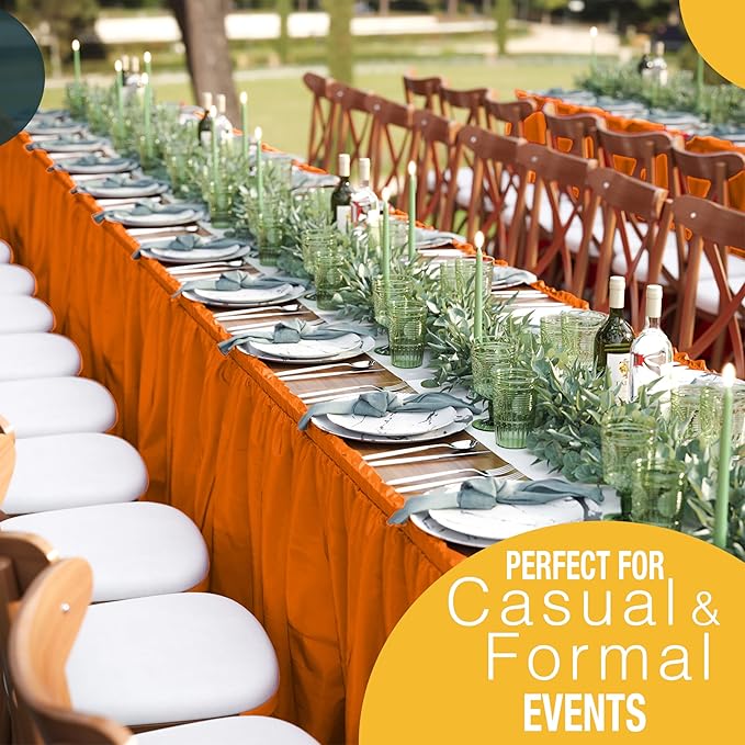 Exquisite Ruffle Table Skirt Orange 48 Pack 14 Ft Long Table Skirts for Rectangle Tables 6ft Plus or Round Tables Skirts with Adhesive Strip for Gender Reveal Decor & Happy Birthday Parties