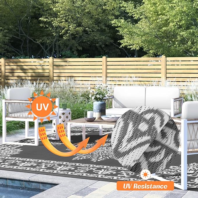 Yamaziot Outdoor Rug 6x9 Ft, Waterproof Plastic Straw Patio Rug, Reversible Backyard Carpet UV Resistant Portable RV Mat Clearance, Large Indoor Outdoor Rug for Patio, Porch, Deck, Balcony, Dark Gray