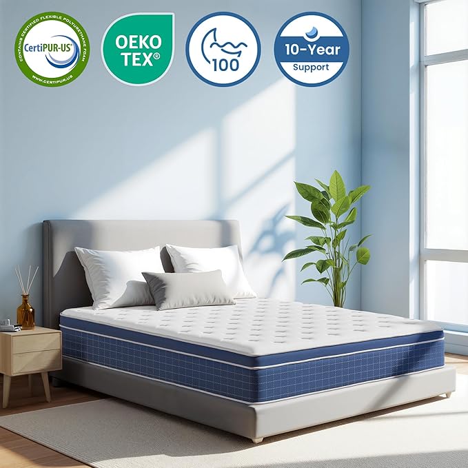 Queen Mattress,14 Inch Memory Foam Hybrid Queen Size Mattresses in a Box, Medium Firm Feel Individual Pocket Springs Matress, Breathable Fabric, Strong Edge Support, Fiberglass Free