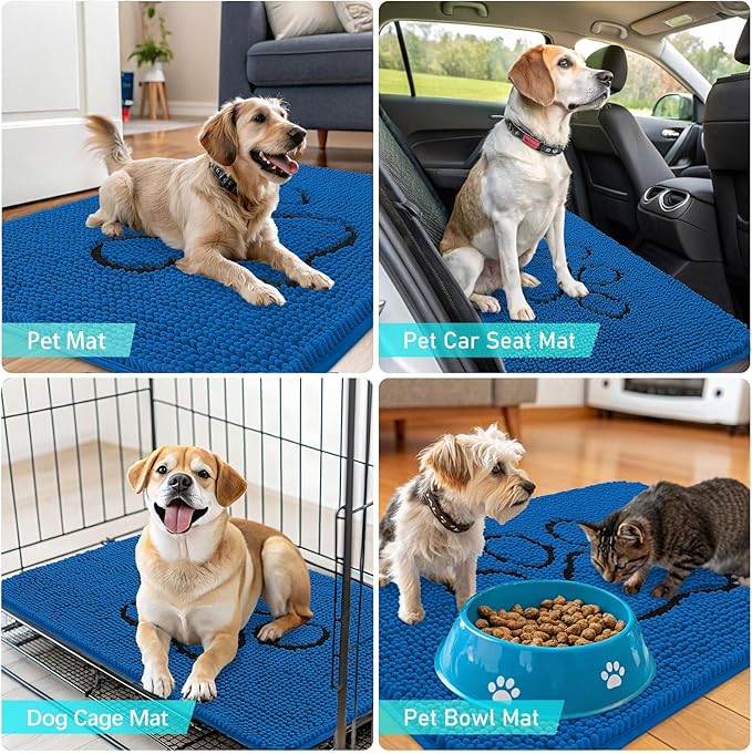 OLANLY Dog Door Mat for Muddy Paws 30x20, Paw Print Design, Absorbs Moisture and Dirt, Non-Slip Washable Doormat, Quick Dry Chenille Mud Mat for Dogs, Entry Indoor Entryway Carpet, Deep Navy Blue