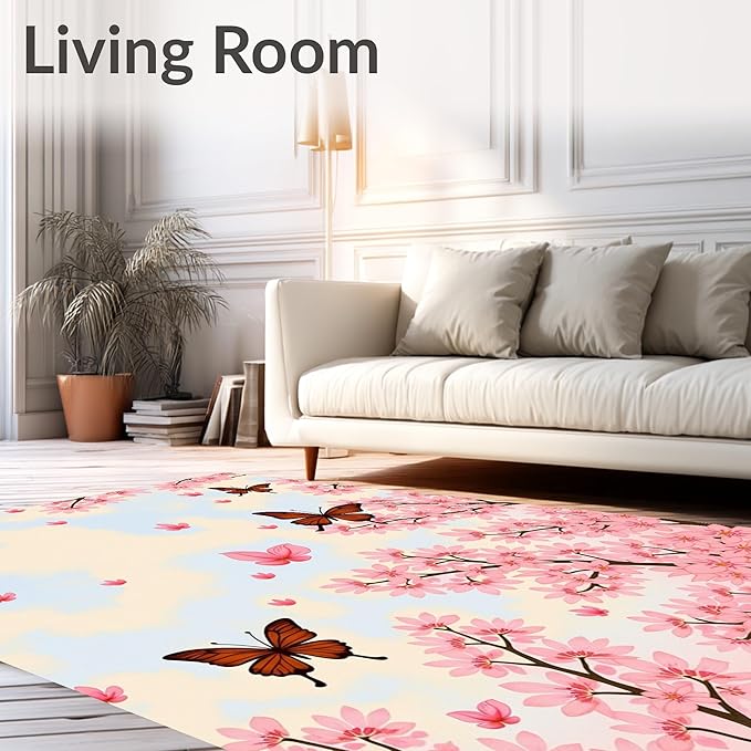 Flatwoven High Traffic Area Rug 5x7, Exquisite Springtime Blossom Shower Curtain Matching Suite, Non Slip, Stain Resistant, Washable Area Rugs for Living Room, Bedroom (Pink, 5x7)