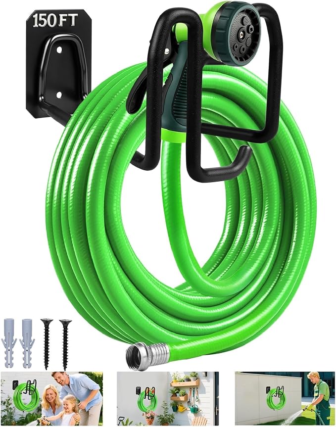 Garden Hose Holder Wall Mount Water Hose Holders for Outside | Metal Hose Hanger with Hook Heavy Duty Garden Hose Reel for Outside Yard Lawn Storage