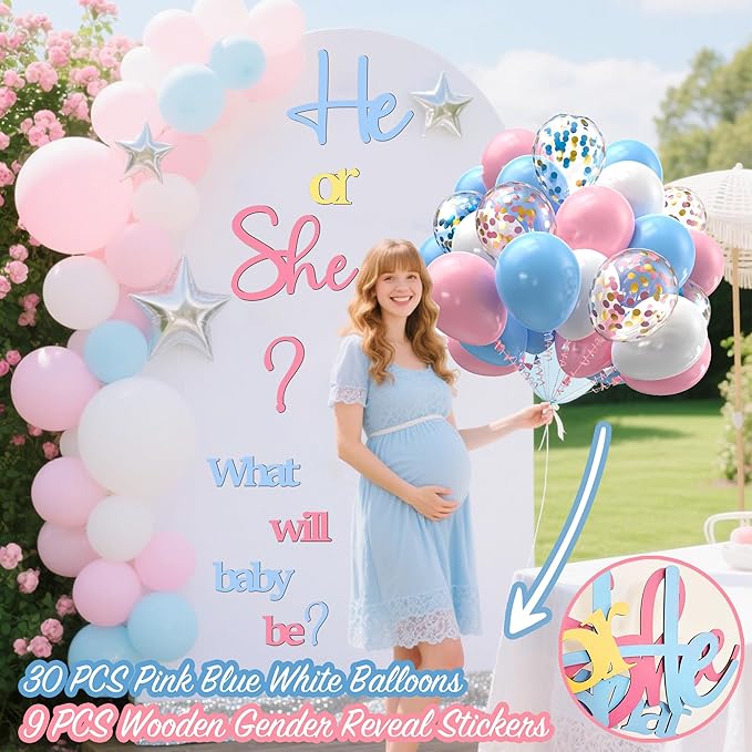 Large Wooden He or She Gender Reveal Sign Decals with 30 PCS Pink Blue Balloons 12 Inch Oh Baby Shower Sticker What Will Baby Be Backdrop Decoration Girl or Boy Sign for Pregnancy Backdrop Photo Props