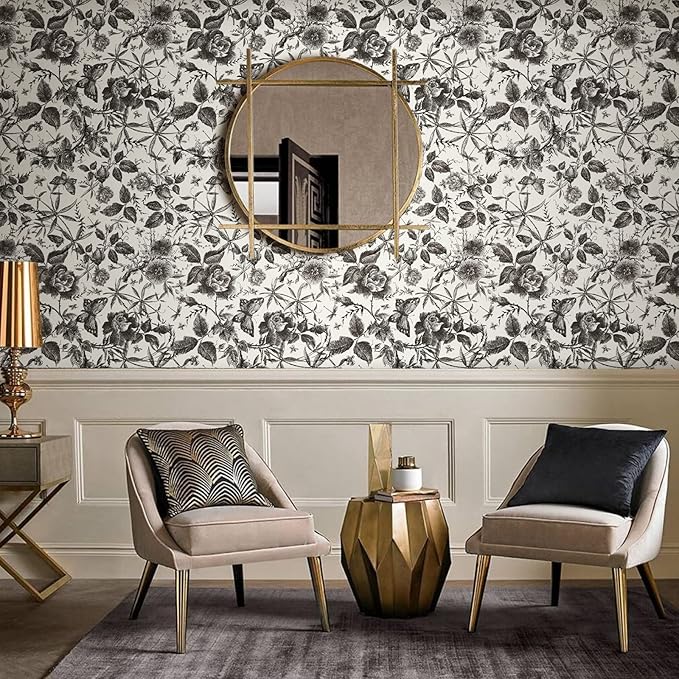 JiffDiff Floral Vintage Wallpaper Peel and Stick Wall Stick Black Rose