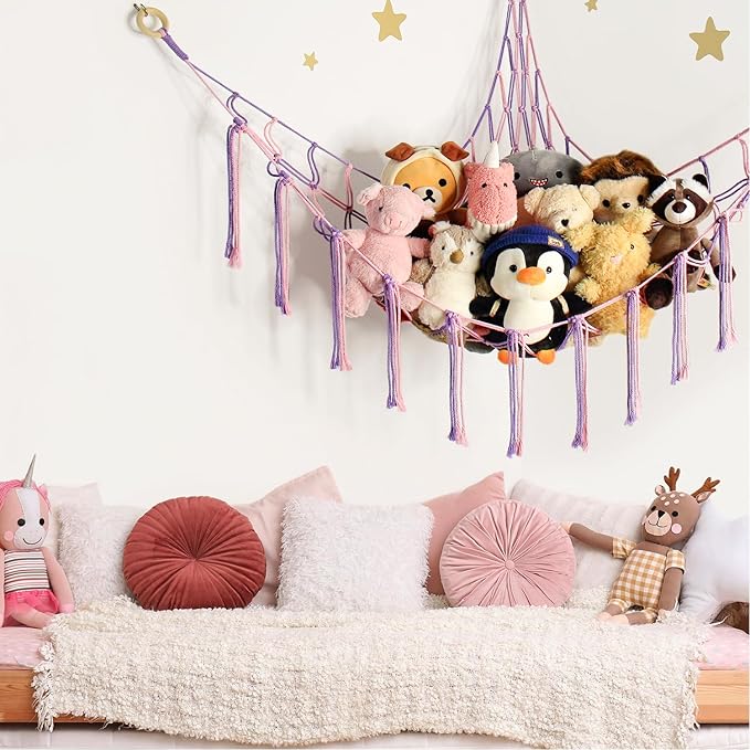 Large Stuffed Animal Hammock Corner Net for Toys Storage Hanging Stuff Animal Organizer Holder Pink Purle Girls Room Bedroom Boho Nursery Decor