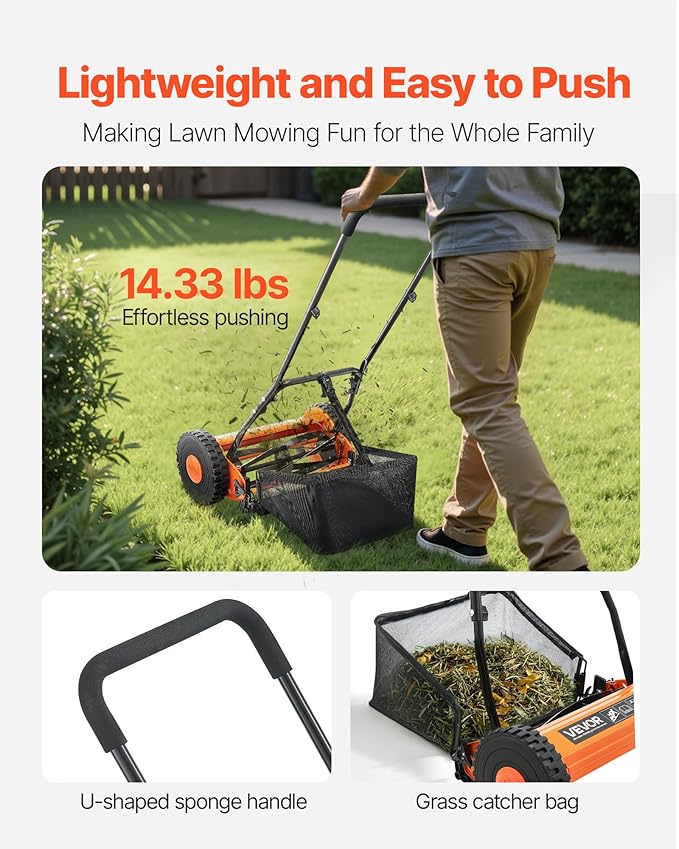 VEVOR Push Reel Lawn Mower 14 inch, 5 Blades Manual Push Mower No Motor, 0.6-1.75 in Adjustable Cutting Height, Walk-Behind Lawn Mowers with Grass Catcher Bag for Green Lawns, Driveways, Courtyards