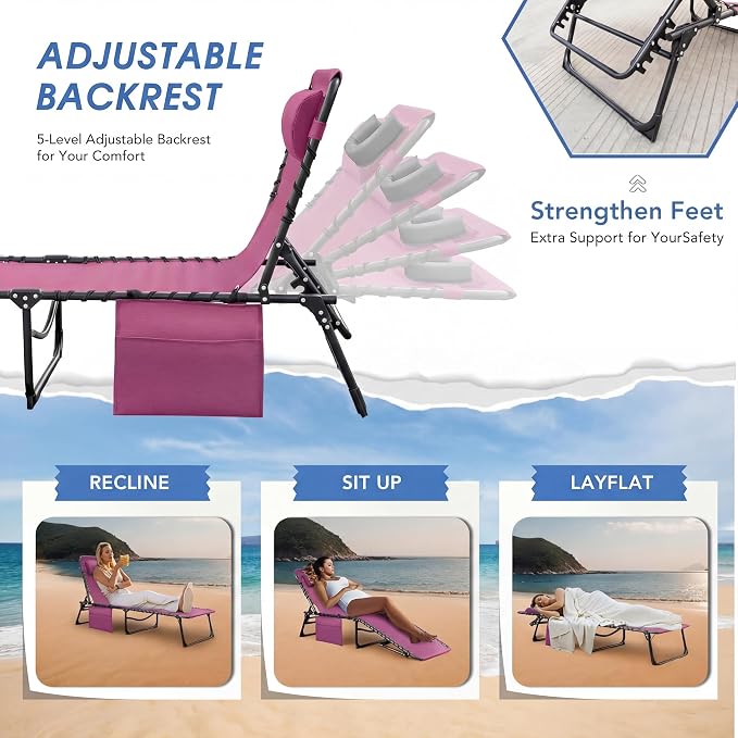 Flamaker Oversize Face Down Chaise Lounge Chair, 27 Inch Wide Foldable Outdoor Patio Chair, 5-Position Adjustable Tanning Chair with Face& Arm Holes for Sunbathing, Pool, Beach, Lawn (Beige, 1 Pcs)