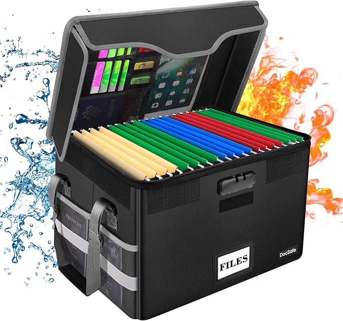 DocSafe Fireproof Document Box with Lock, File Storage Organizer with Mesh Pockets, Collapsible Portable File Box Home Office Safe Filing Cabinet with Handle for Hanging Letter/Legal Folder, Black