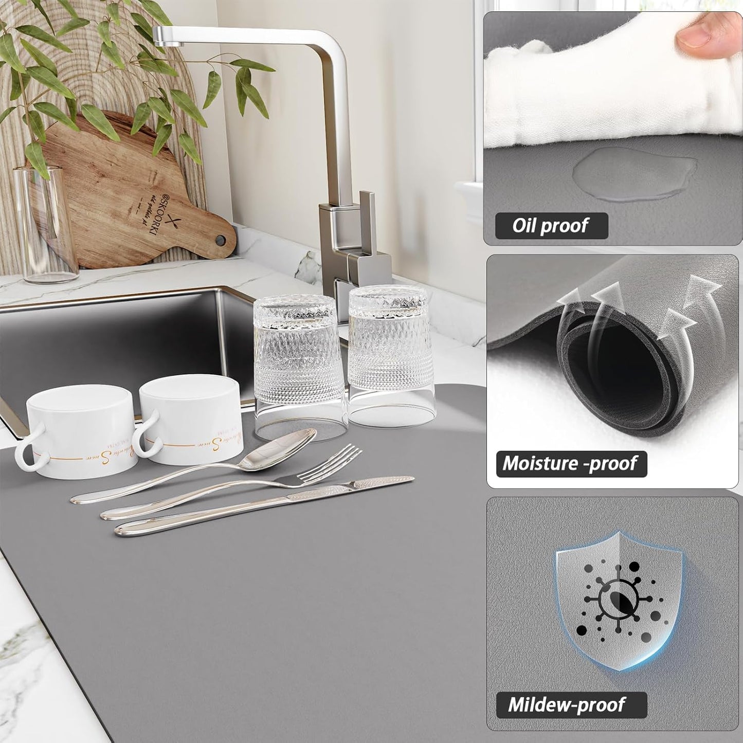 Dish Drying Mat for Kitchen Counter, Heat Resistant Drainer Mats with Non-slip Rubber Backed, Hide Stain Kitchen Super Absorbent Draining Mat, Easy to Clean Dish Rack Pad, Grey 18"x24"