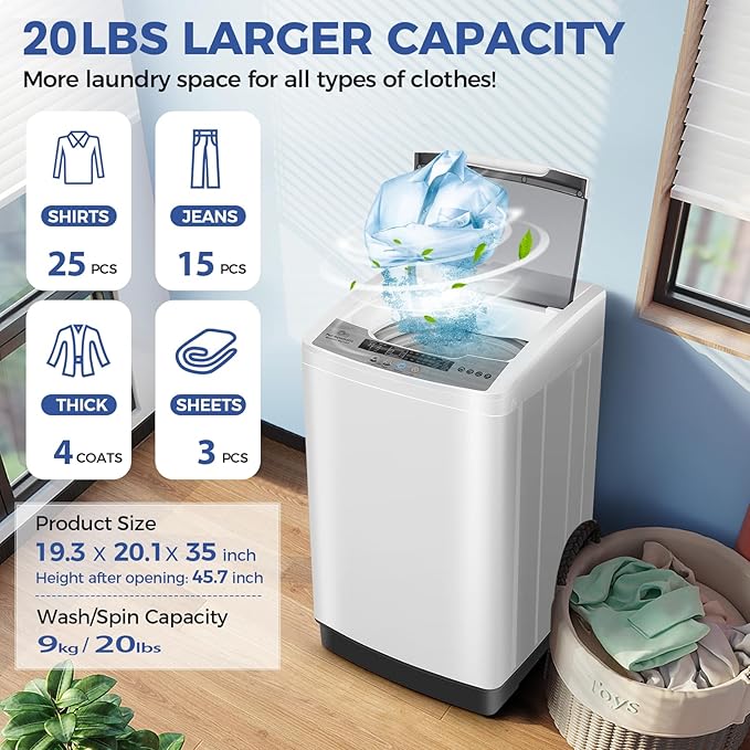 Nictemaw Portable Washing Machine, 20Lbs Capacity Full-Automatic Portable Washer Machine, 2.8Cu.ft Washer and Dryer Combo with 10 Programs 8 Water Levels Laundry Machine for Apartment, Dorms, RV