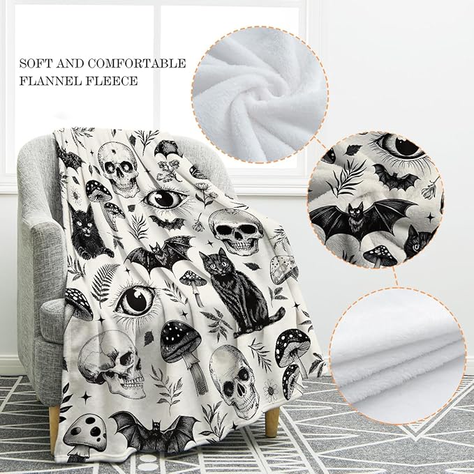 Jekeno Gothic Skull Blanket Cat Bat Mushroom Gifts for Women Men Girls Boys Mom Wife Husband Dad Halloween Birthday Christmas Easter Presents Home Bedroom Living Room Bed Sofa Decor Throw 60"x80"