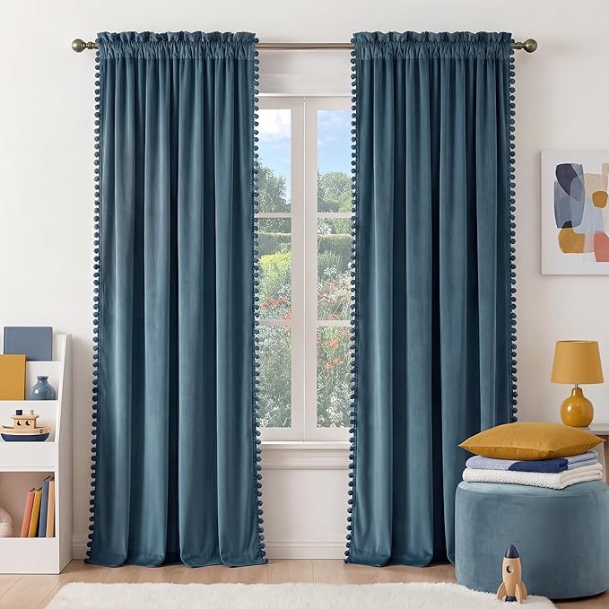 NICETOWN Slate Blue Velvet Curtains 84 Inch Length – Pom Pom Room Darkening