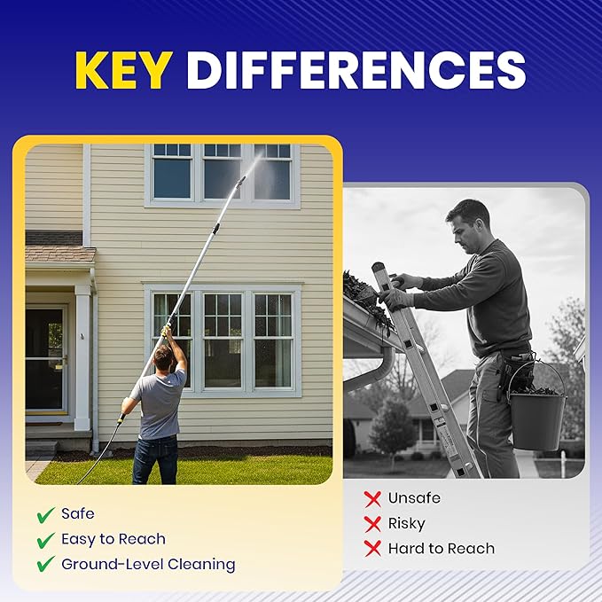 20ft Reach Telescopic Gutter Cleaning Tools from the Ground – Rain Gutter Cleaner with Heavy Duty Bendable Wand, Hose Attachment, Extension & Connecting Adapter | O-Ring Leak Proof Design