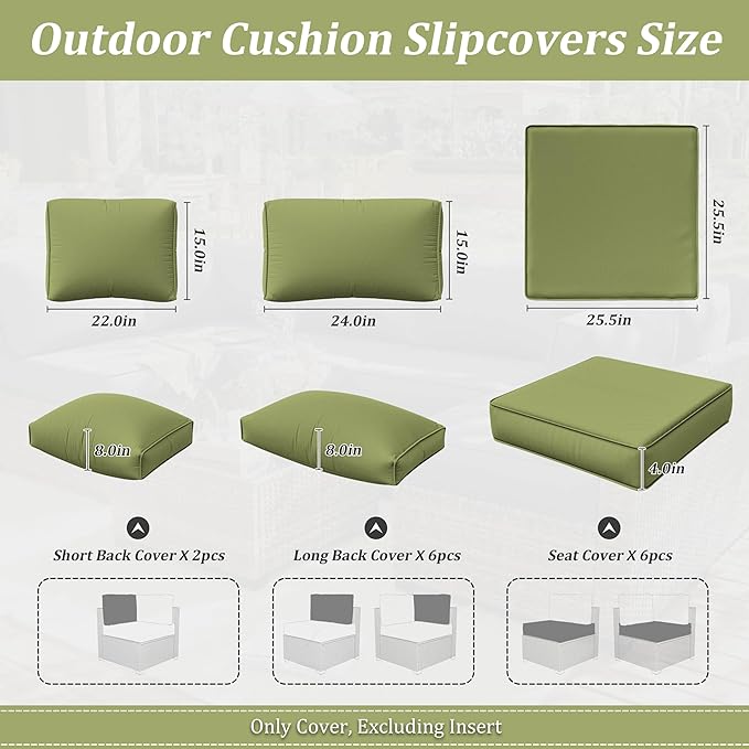 14 Pcs Outdoor Cushion Slipcovers Outdoor Patio Cushion Covers Replacement Waterproof with Zipper for Outdoor Furniture, Patio Sofa Couch 3 Sizes, Covers Only