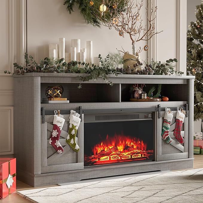 YESHOMY Fireplace TV Stand for Television up to 65+ Inch with Storage and Farmhouse Sliding Barn Doors, Entertainment Center with Cabinet and Shelves, Media Console for Living Room,Gray