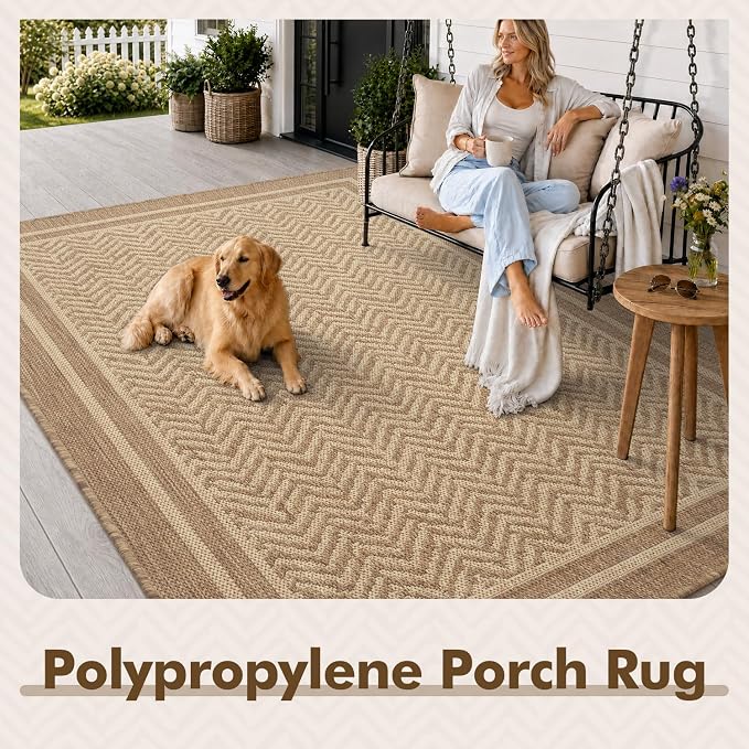 MontVoo-Outdoor Rug-Patio Rug 4x6 Polypropylene Indoor Outdoor Rugs Outdoor Carpet for Patio Deck Balcony Porch, Textured Weave, Durable for High Traffic, Fade-Resistant, Boho Farmhouse Neutral Brown