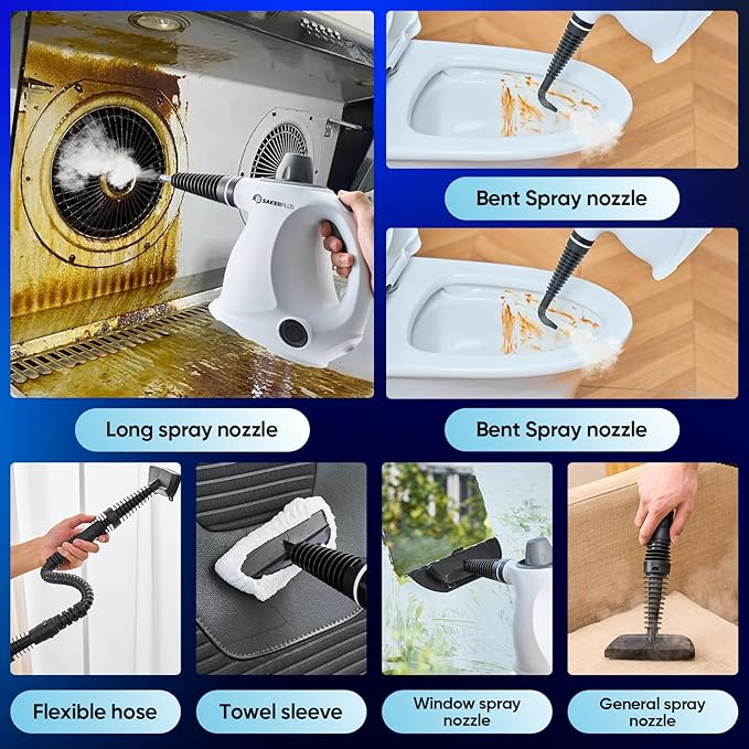 Sakerplus Steam Cleaner, Handheld Pressurized Steamer, 1050W 230°F Fast Heating with 9 Accessories, Multi-Surface Steam Cleaner for Home, Car, Tile & Grout, Windows, Upholstery (5 Towel Sleeve)