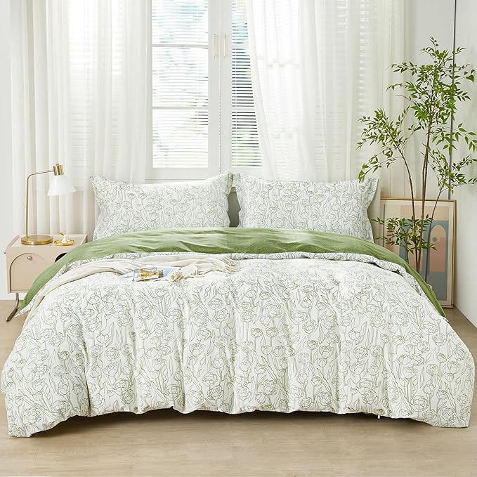 SAPHREAS Green Drawing Floral Duvet Cover Set King Size 3pcs Botanical Blossom White Bedding Comforter Cover Set 100% Cotton 1 Duvet Cover 104"x90" 2 Pillow Shams, Comforter Not Included