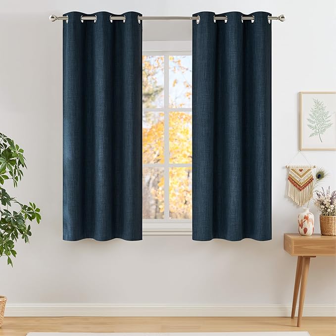 NICETOWN Short Faux Linen Navy Blue Blackout Curtains 63 inches Long