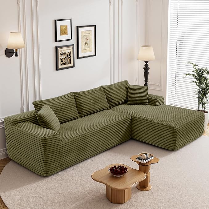 95" L Shaped Boneless Sectional Couches, Wide Armrest, Deep Seat, Memory Foam, Assembly Free, Modern Comfy Corduroy Fluffy Cloud Sofa with Right Chaise for Living Room, Small Spaces, Green