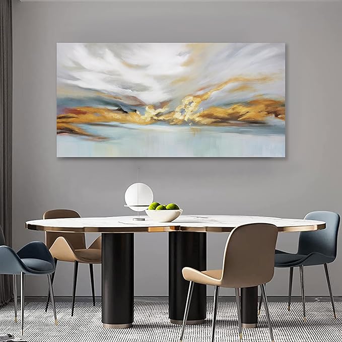 Glvzygy Modern Abstract Wall Art Wall Decorations Greyish White Gold and Blue Abstract Wall Art Canvas Abstract Wall Art for Living Room Bedroom Dining Room Home Office Decor 29"x58"