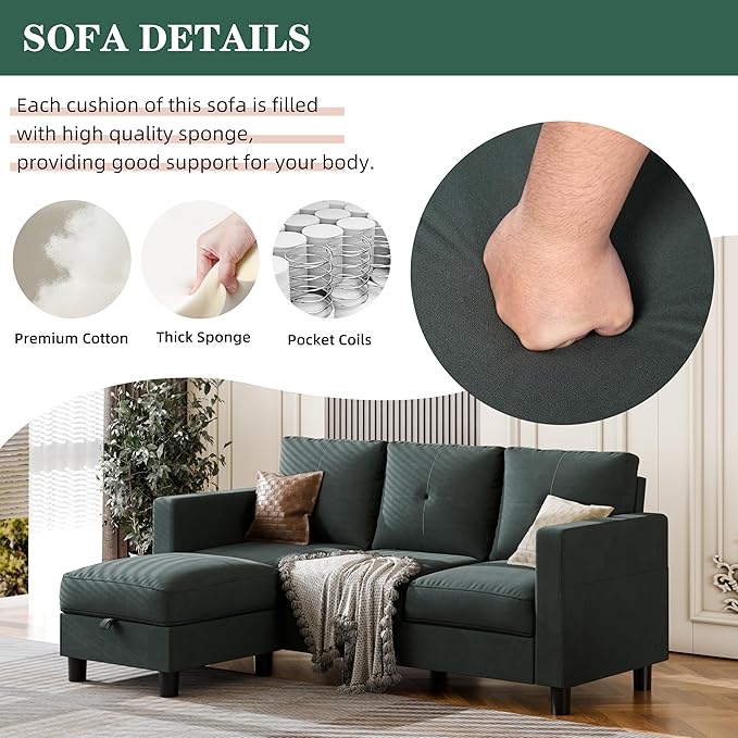 Vongrasig Convertible Sectional Sofa Couch, 3 Seat L Shaped Sofa with Removable Pillows Linen Fabric Small Couch Mid Century for Living Room, Apartment and Office (Black)